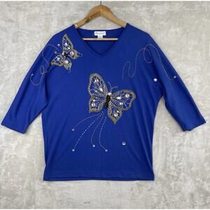Vintage 80s Eminent Beaded Butterfly Royal Blue Sweater Med Grandmacore Kitsch
